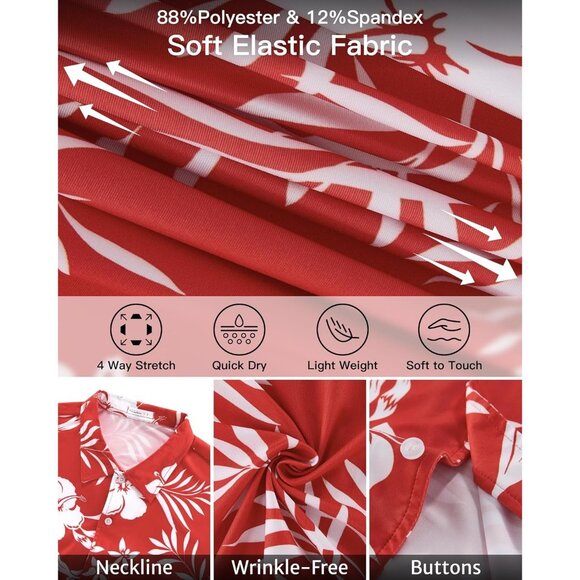 Men Red Hawaiian Wrinkle Free Short Sleeve Button Down Tropical Floral Shirt - Picture 5 of 5